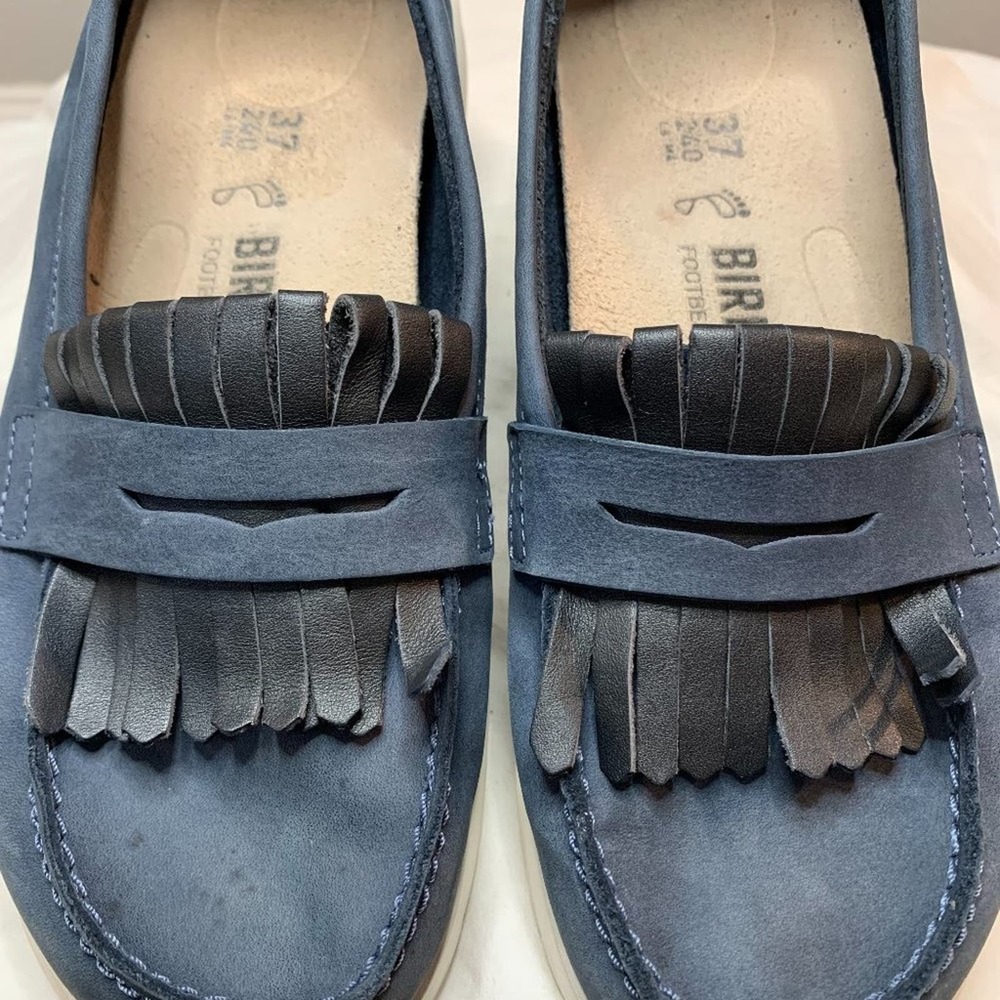 BIRKENSTOCK | Blue Saitama Suede Penny Fringe Leather Loafers | Size 37